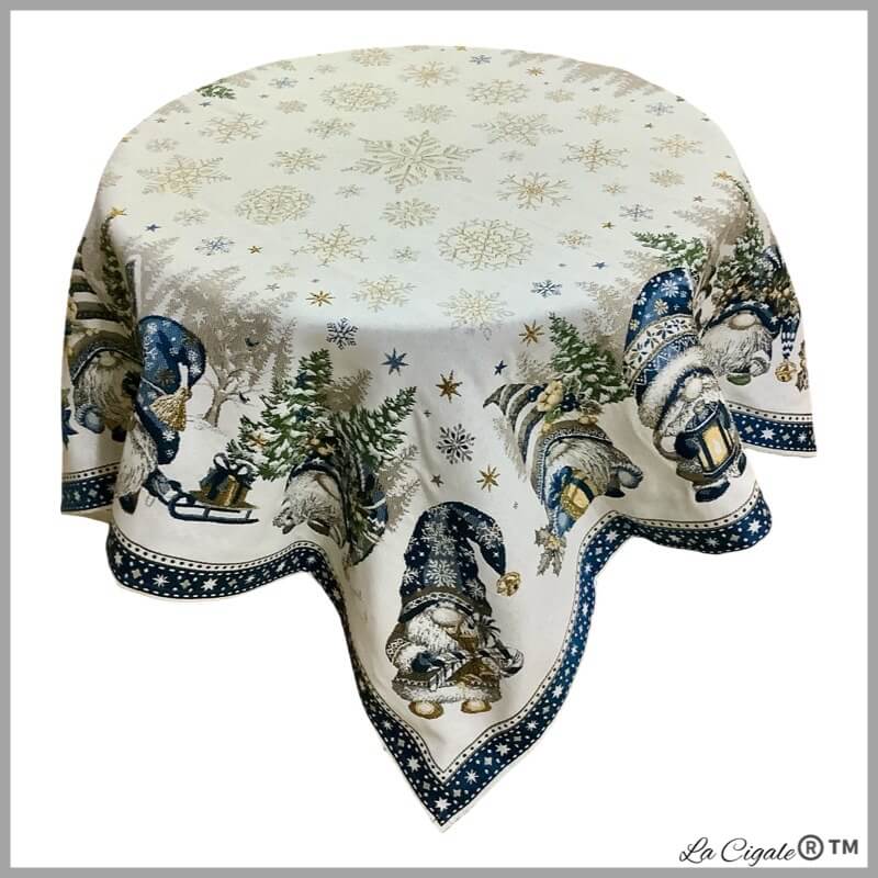 Gnome Holiday Tapestry Tablecloth - 40" x 40", Ecru/Blue