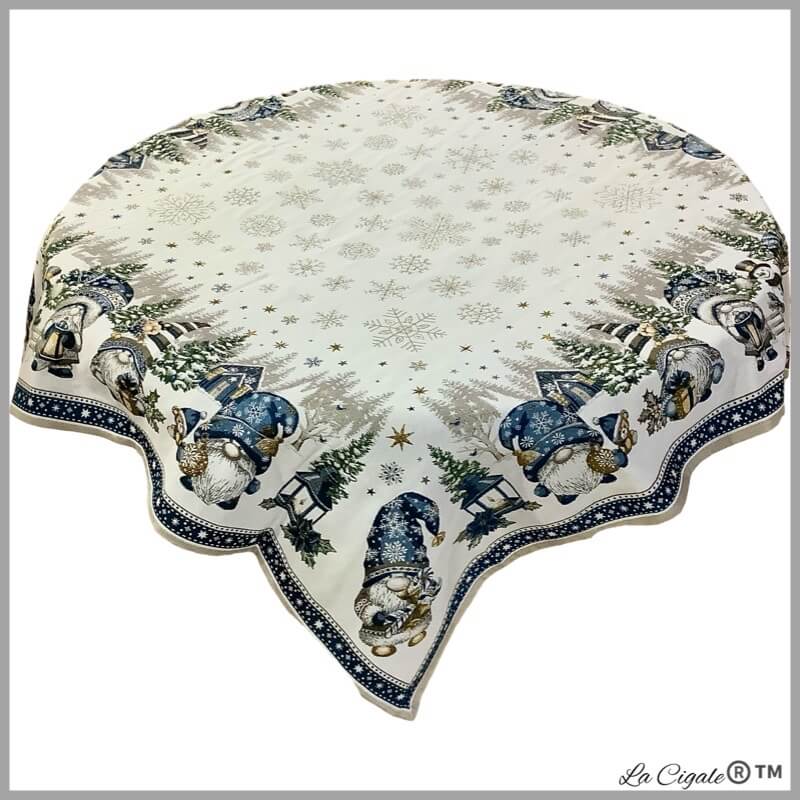 Gnome Holiday Tapestry Tablecloth - 56" x 56", Ecru/Blue